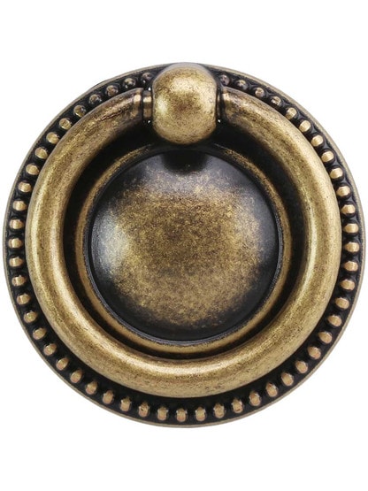 Beaded Round Single-Post Pull - 1.57 inch Diameter in Antique Brass Dark.